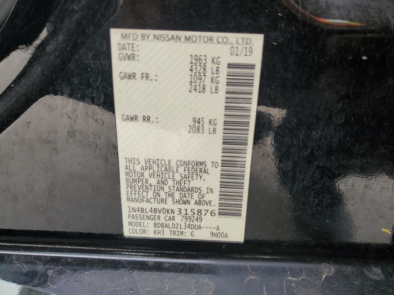 2019 Nissan Altima VIN 1N4BL4BV0KN315876 Copart auction photo, front end / side damage thumbnail 12