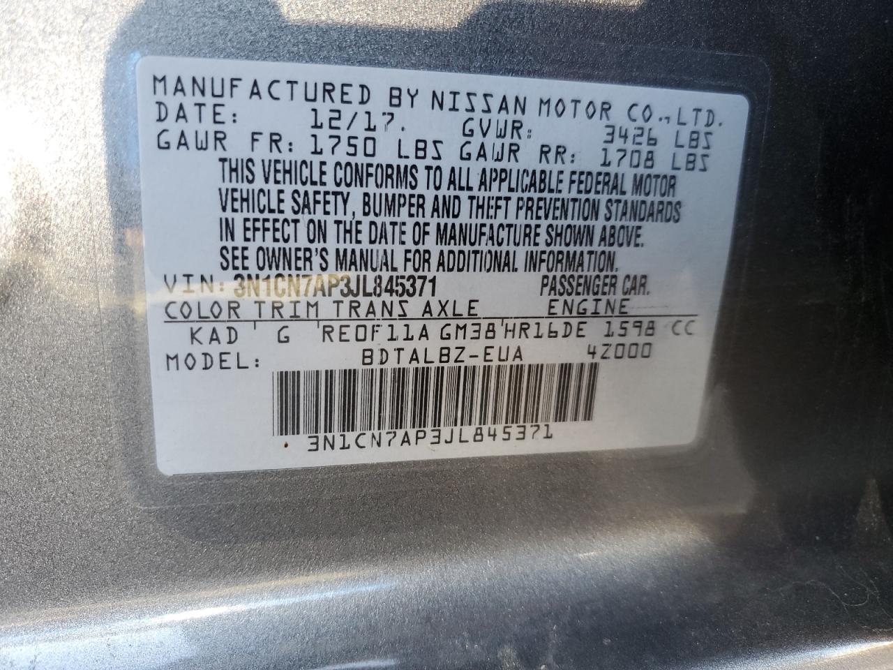 2018 Nissan Versa VIN 3N1CN7AP3JL845371 Copart auction photo, rear end damage thumbnail 12