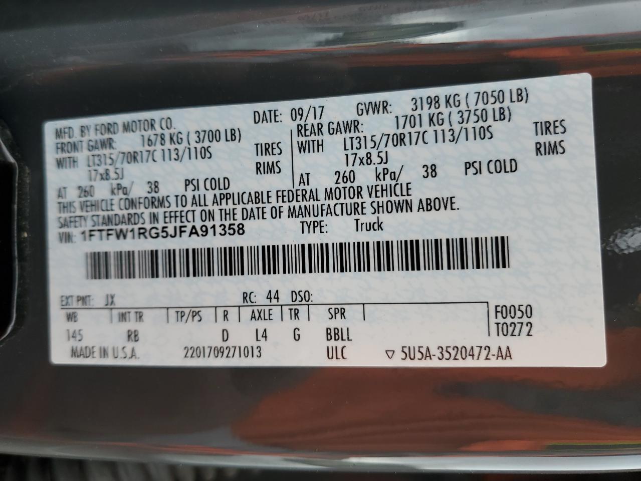 2018 Ford F-150 VIN 1FTFW1RG5JFA91358 Copart auction photo, front end damage thumbnail 13