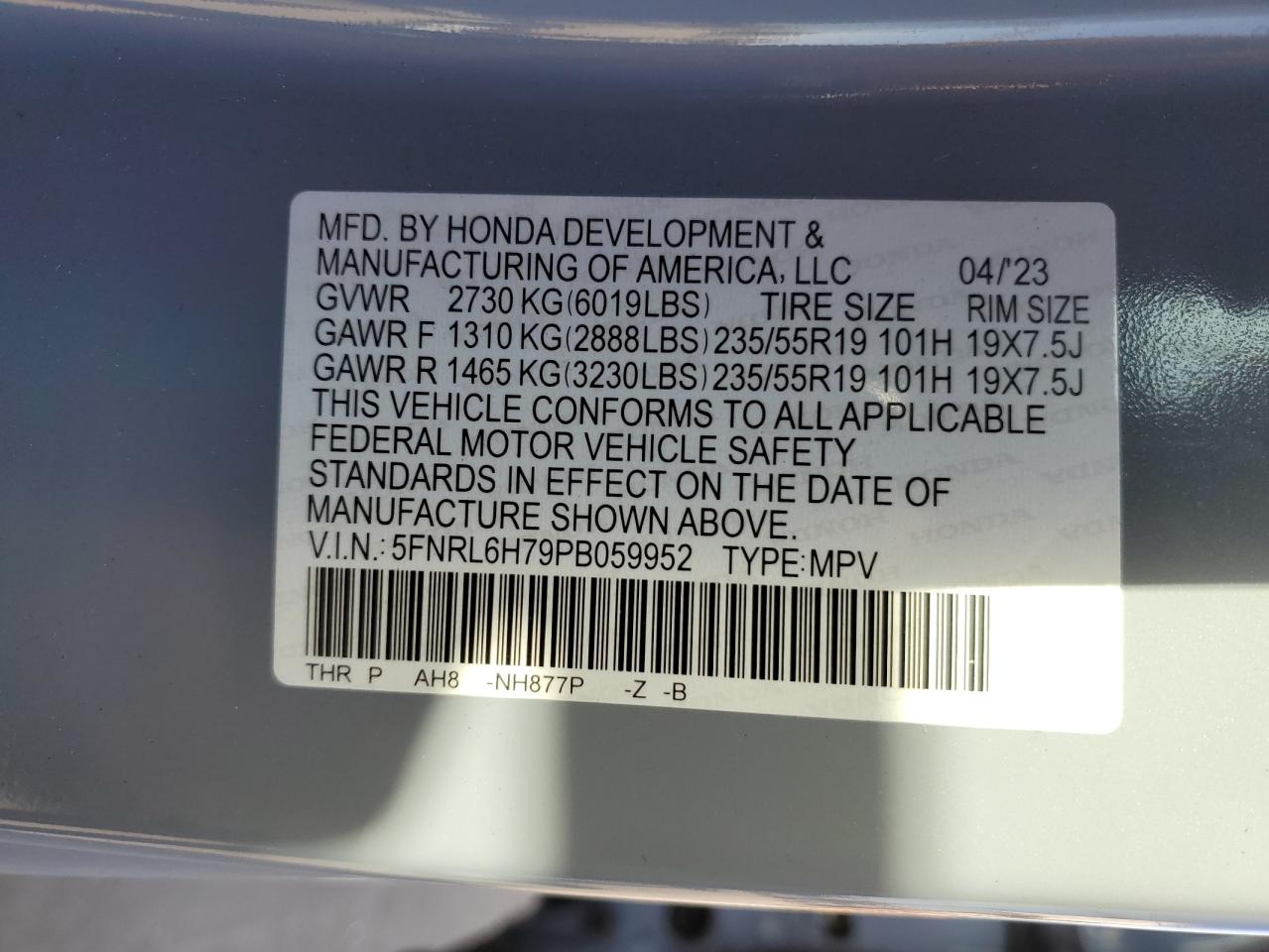 2023 Honda Odyssey VIN 5FNRL6H79PB059952 Copart auction photo, front end damage thumbnail 15