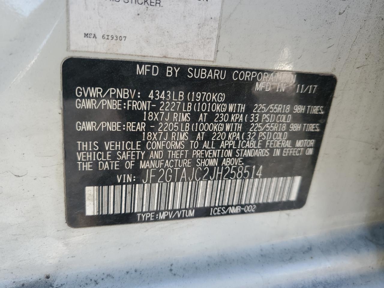 2018 Subaru XV VIN JF2GTAJC2JH258514 Copart auction photo, all over damage thumbnail 14