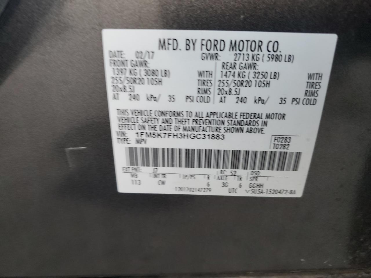 2017 Ford Explorer VIN 1FM5K7FH3HGC31883 Copart auction photo, rear end / side damage thumbnail 16