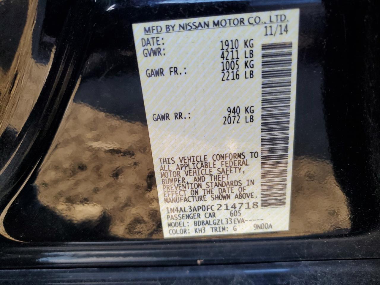 2015 Nissan Altima VIN 1N4AL3AP0FC214718 Copart auction photo, rear end / all over damage thumbnail 14