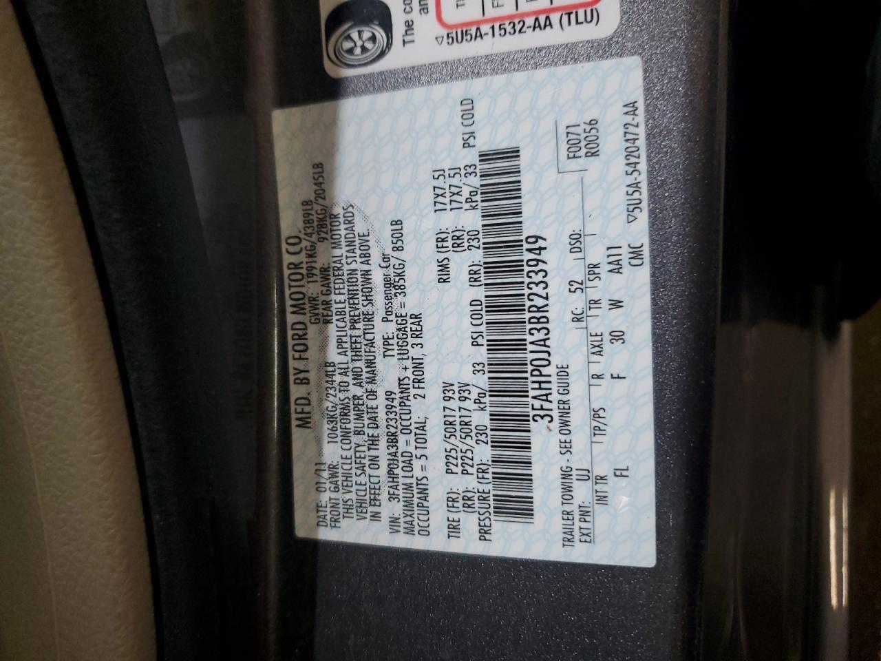 2011 Ford Fusion VIN 3FAHP0JA3BR233949 Copart auction photo, front end / minor dent/scratches damage thumbnail 13