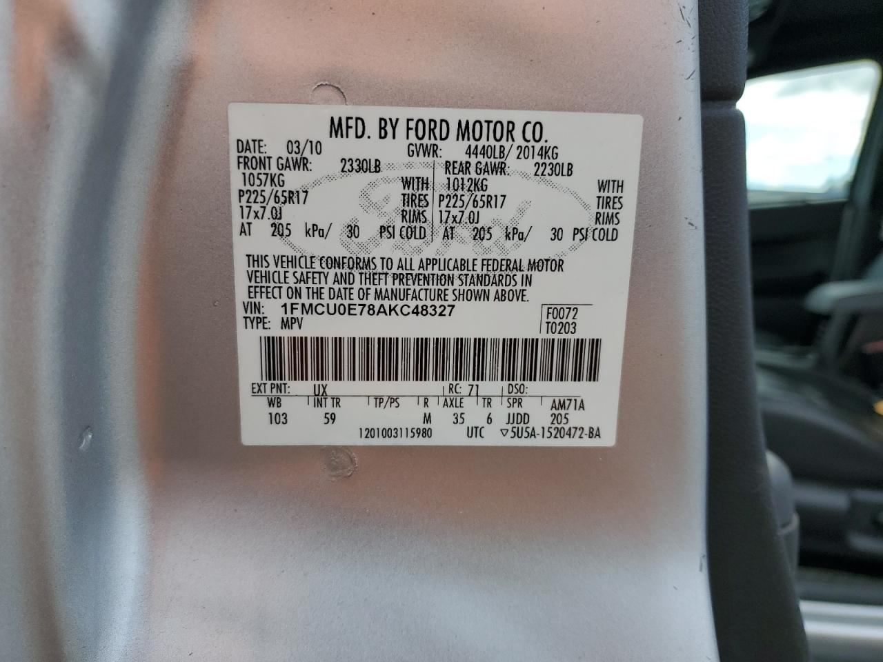 2010 Ford Escape VIN 1FMCU0E78AKC48327 Copart auction photo, front end damage thumbnail 13