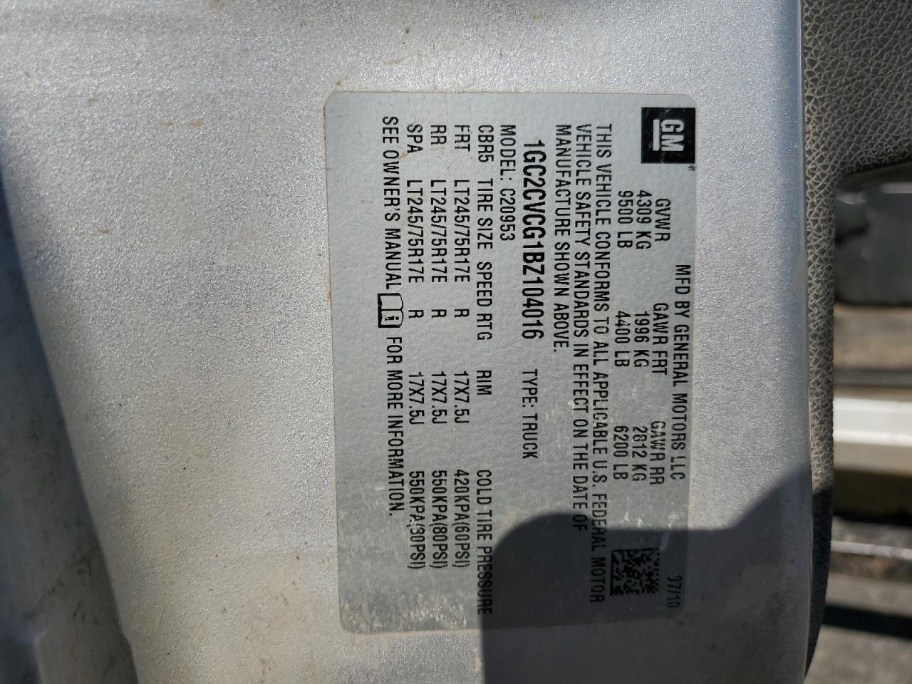2011 Chevrolet Silverado VIN 1GC2CVCG1BZ104016 Copart auction photo, mechanical / front end damage thumbnail 14