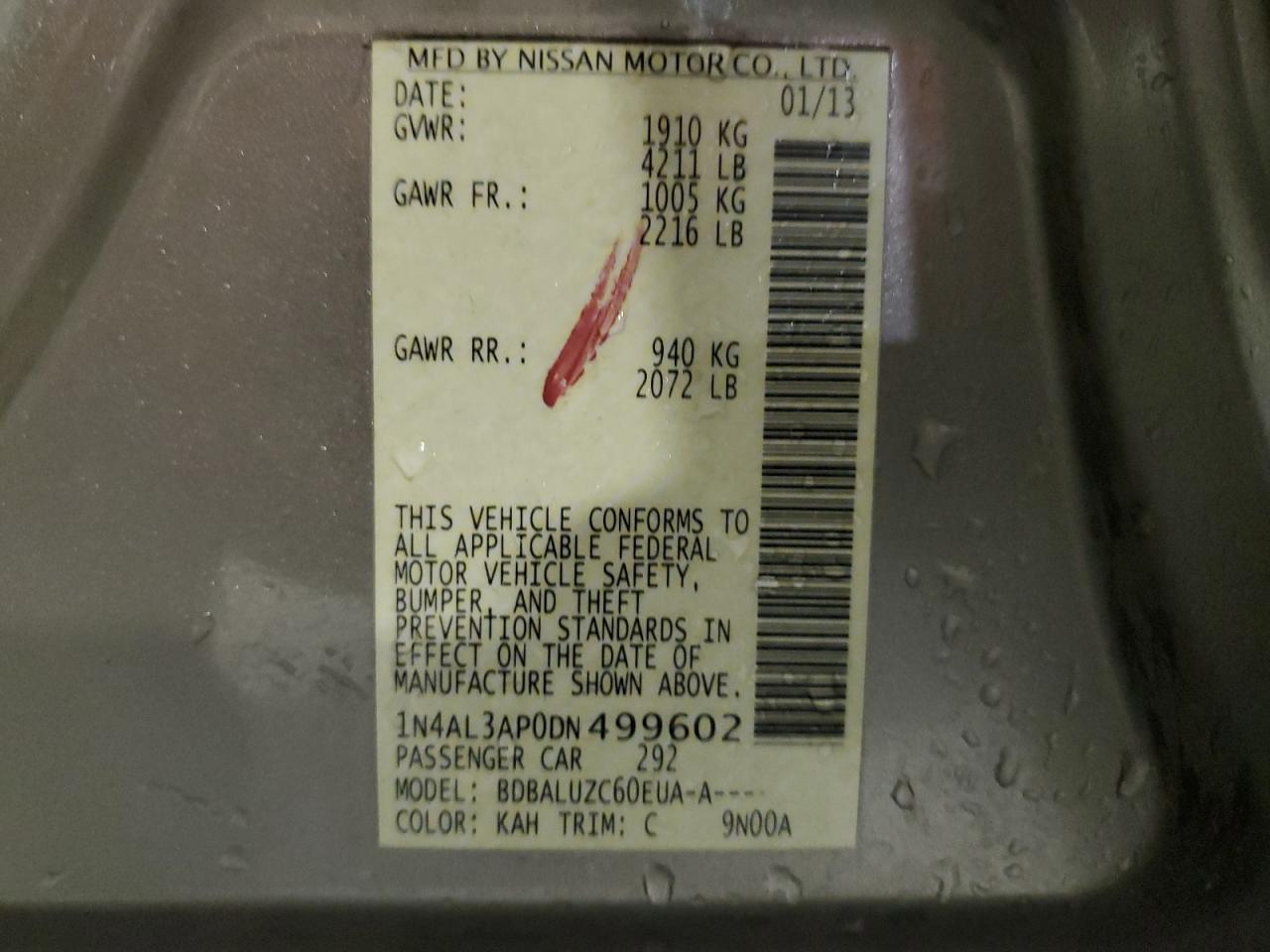 2013 Nissan Altima VIN 1N4AL3AP0DN499602 Copart auction photo, front end / minor dent/scratches damage thumbnail 12