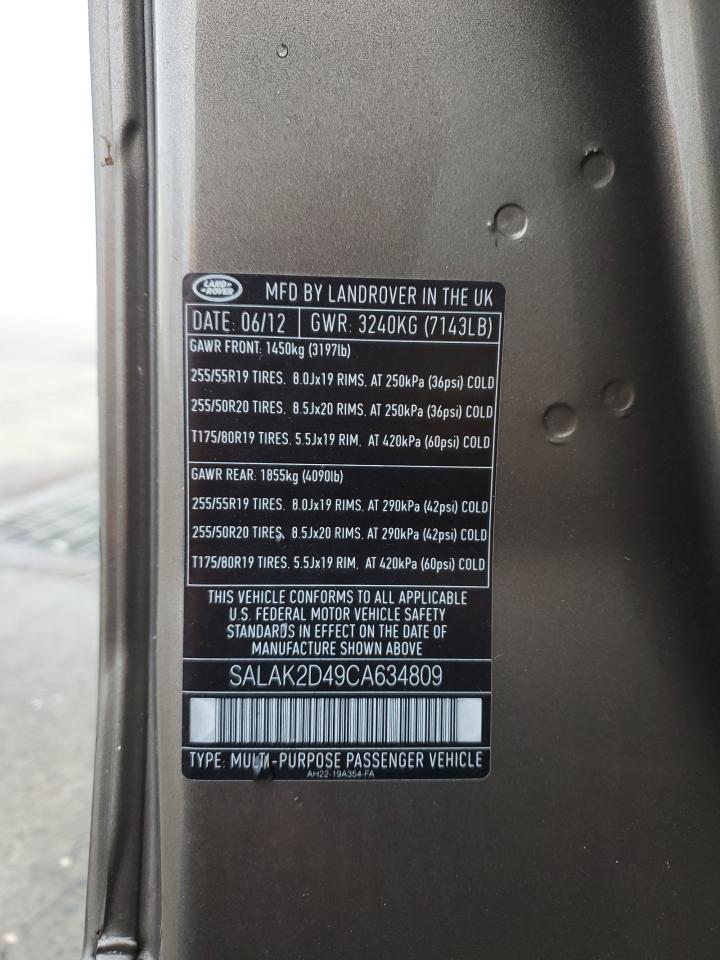 2012 Land Rover LR4 VIN SALAK2D49CA634809 Copart auction photo, water/flood damage thumbnail 16