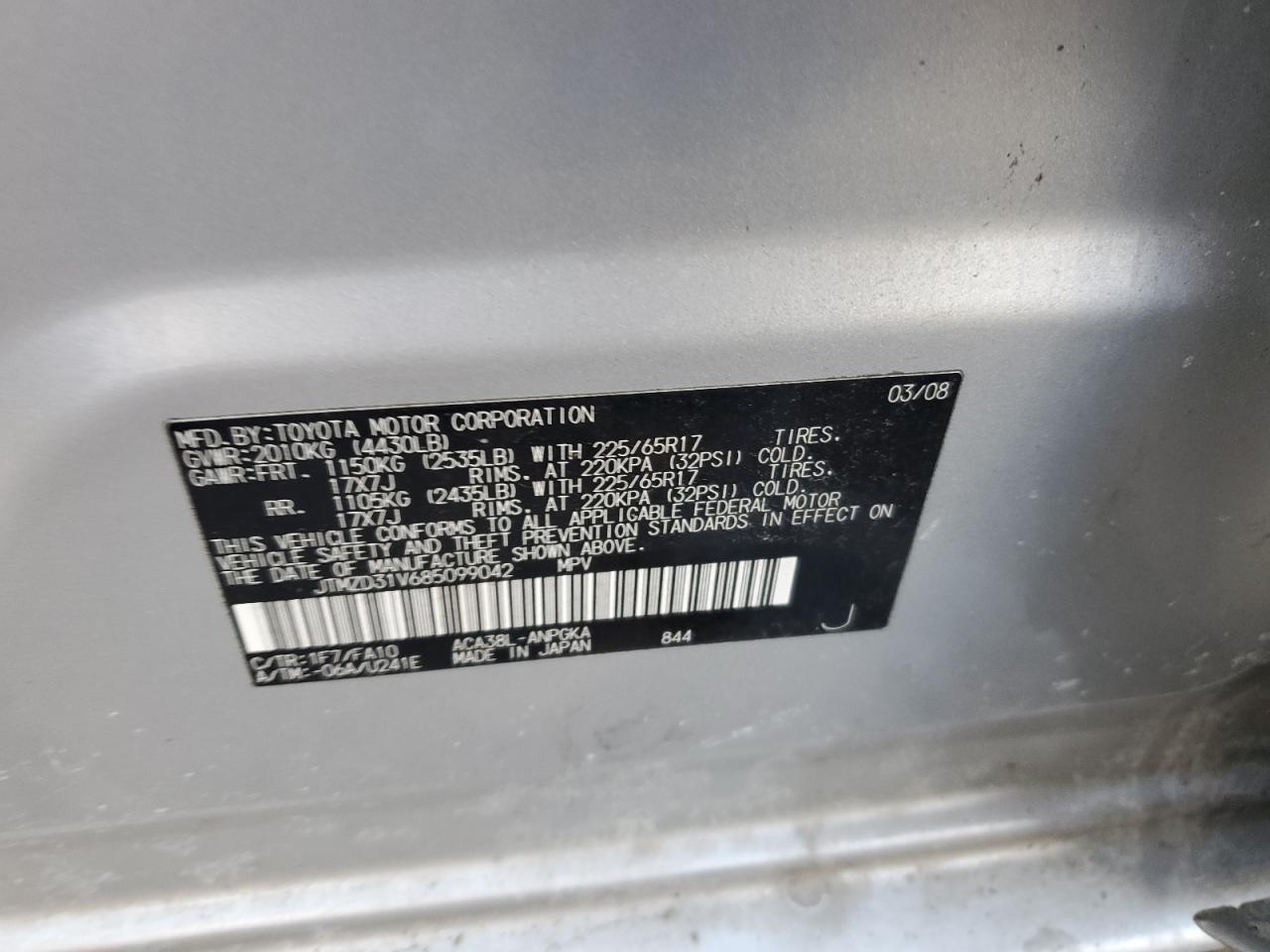2008 Toyota RAV 4 VIN JTMZD31V685099042 Copart auction photo, front end / rear end damage thumbnail 12