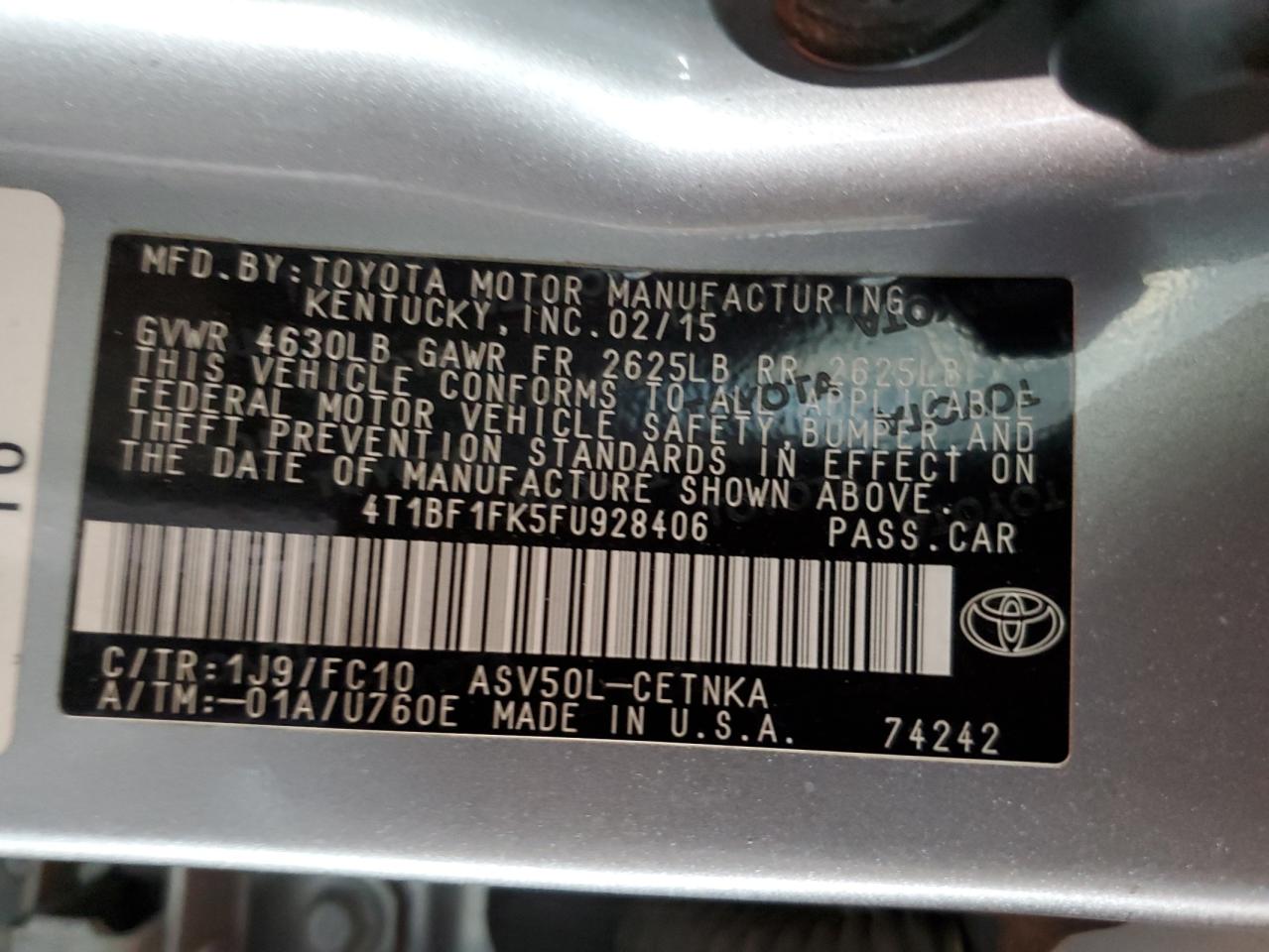 2015 Toyota Camry VIN 4T1BF1FK5FU928406 Copart auction photo, all over damage thumbnail 14