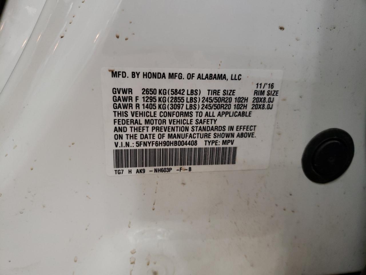 2017 Honda Pilot VIN 5FNYF6H90HB004408 Copart auction photo, rear end damage thumbnail 13
