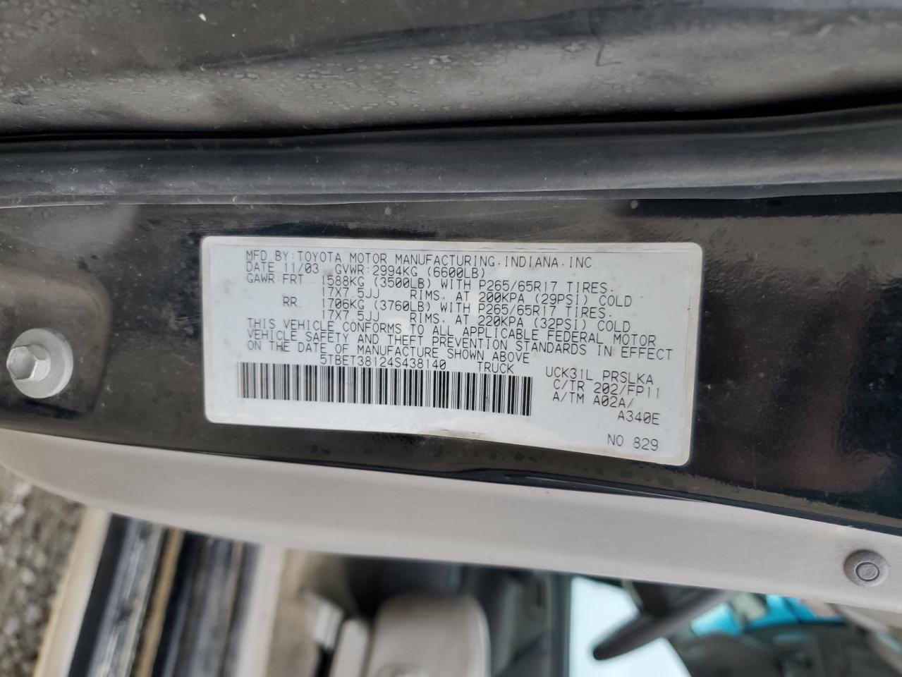 2004 Toyota Tundra VIN 5TBET38124S438140 Copart auction photo, all over damage thumbnail 12