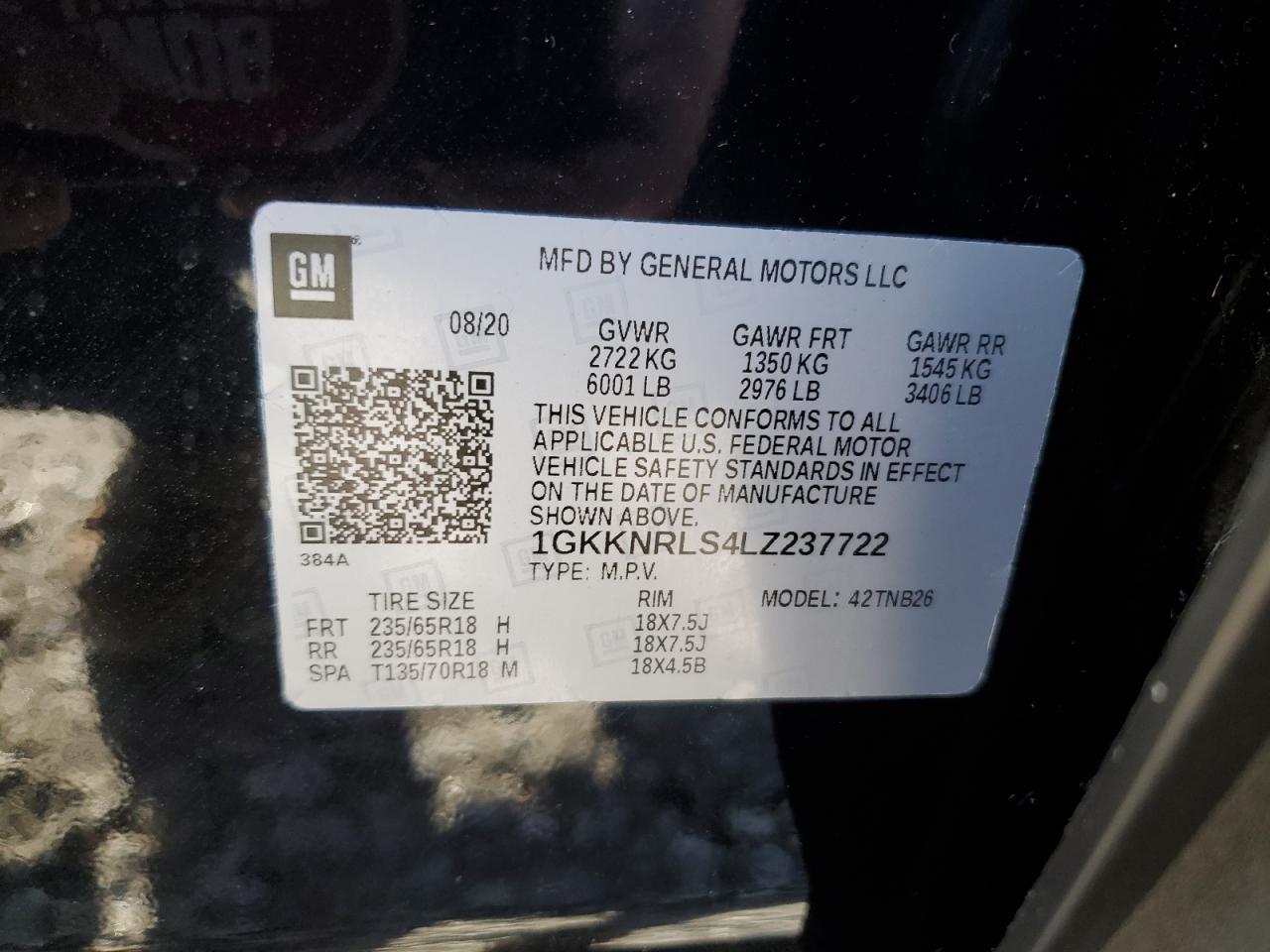 2020 GMC Acadia VIN 1GKKNRLS4LZ237722 Copart auction photo, water/flood damage thumbnail 13