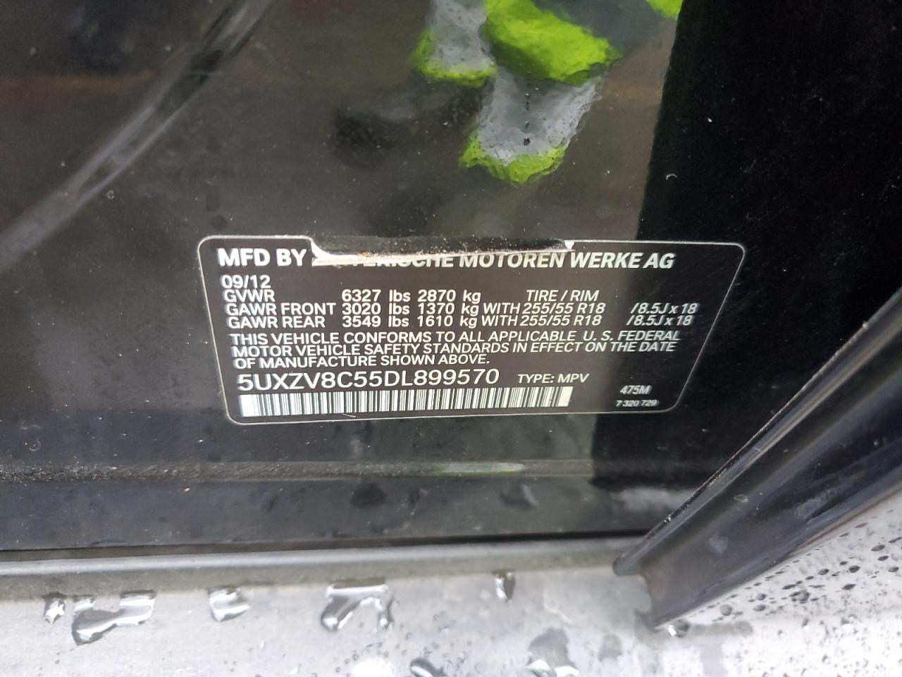 2013 BMW X5 VIN 5UXZV8C55DL899570 Copart auction photo, vandalism damage thumbnail 12