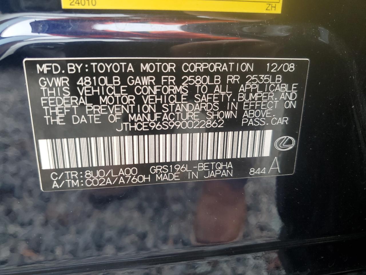 2009 Lexus GS VIN JTHCE96S990022862 Copart auction photo, mechanical / minor dent/scratches damage thumbnail 12