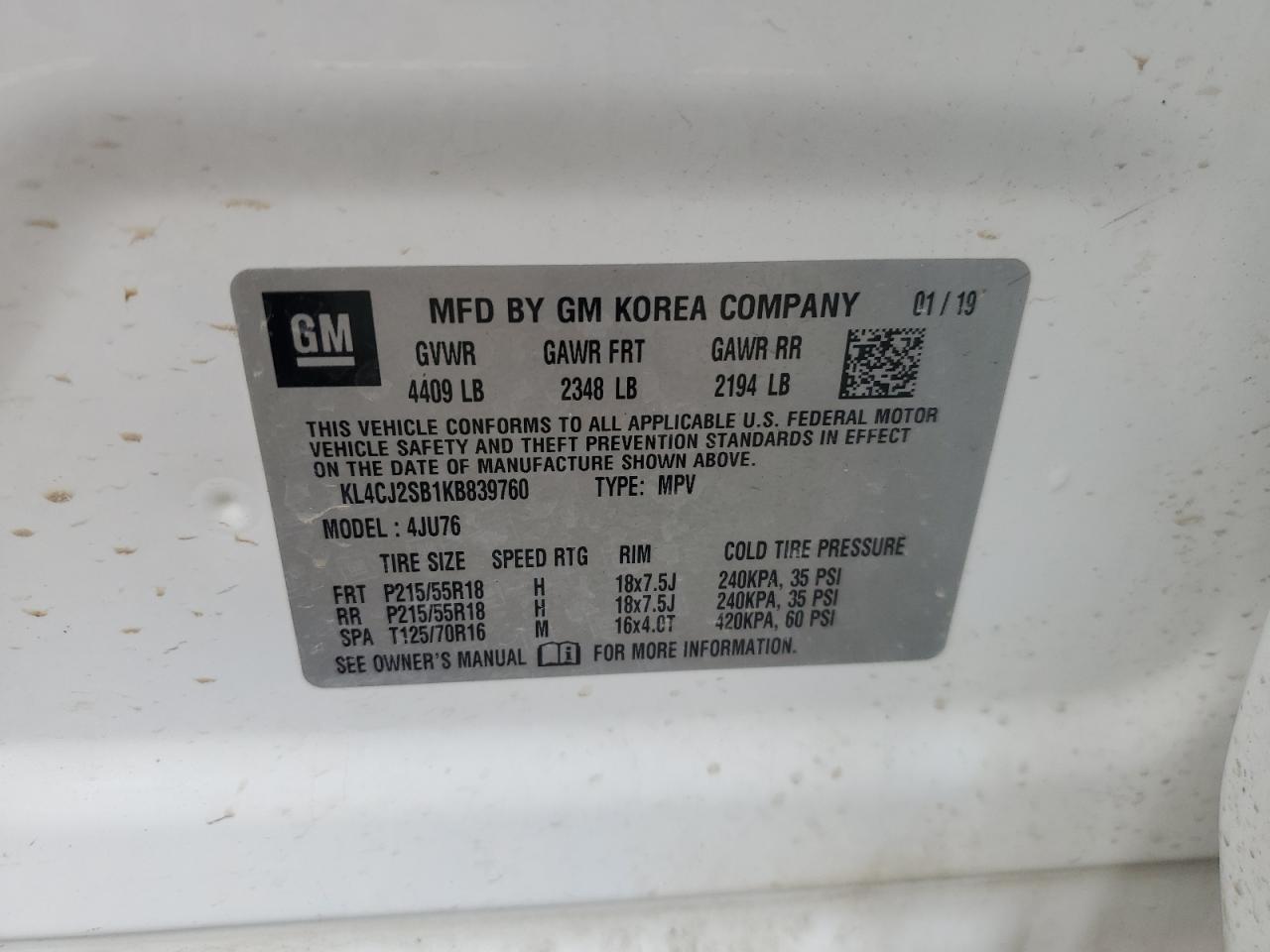 2019 Buick Encore VIN KL4CJ2SB1KB839760 Copart auction photo, front end / side damage thumbnail 14