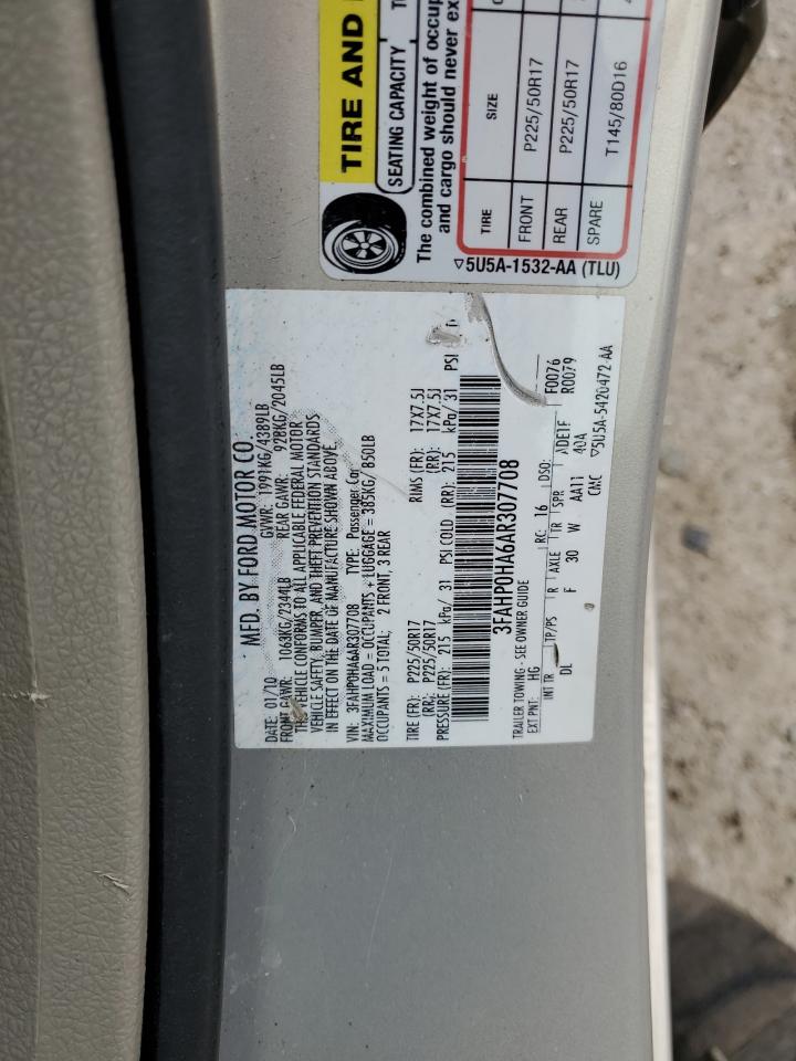 2010 Ford Fusion VIN 3FAHP0HA6AR307708 Copart auction photo, front end / rear end damage thumbnail 12