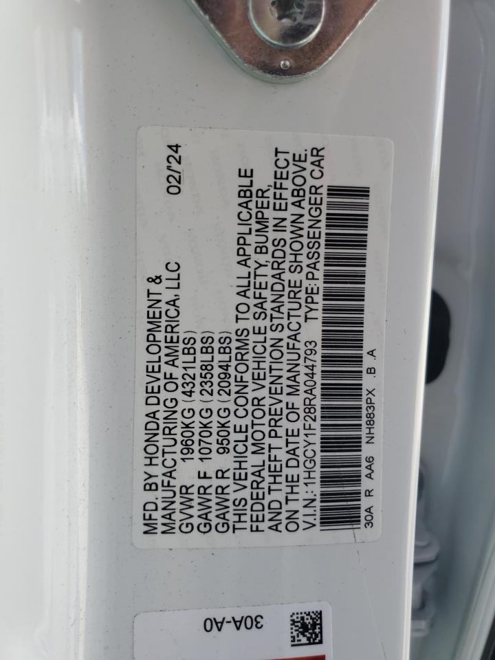 2024 Honda Accord VIN 1HGCY1F28RA044793 Copart auction photo, rear end damage thumbnail 12
