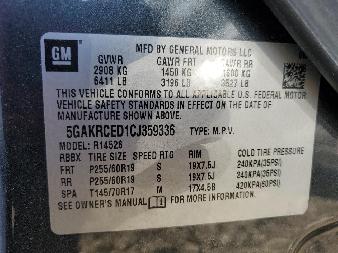 2012 Buick Enclave VIN 5GAKRCED1CJ359336 Copart auction photo, side / rear end damage thumbnail 13