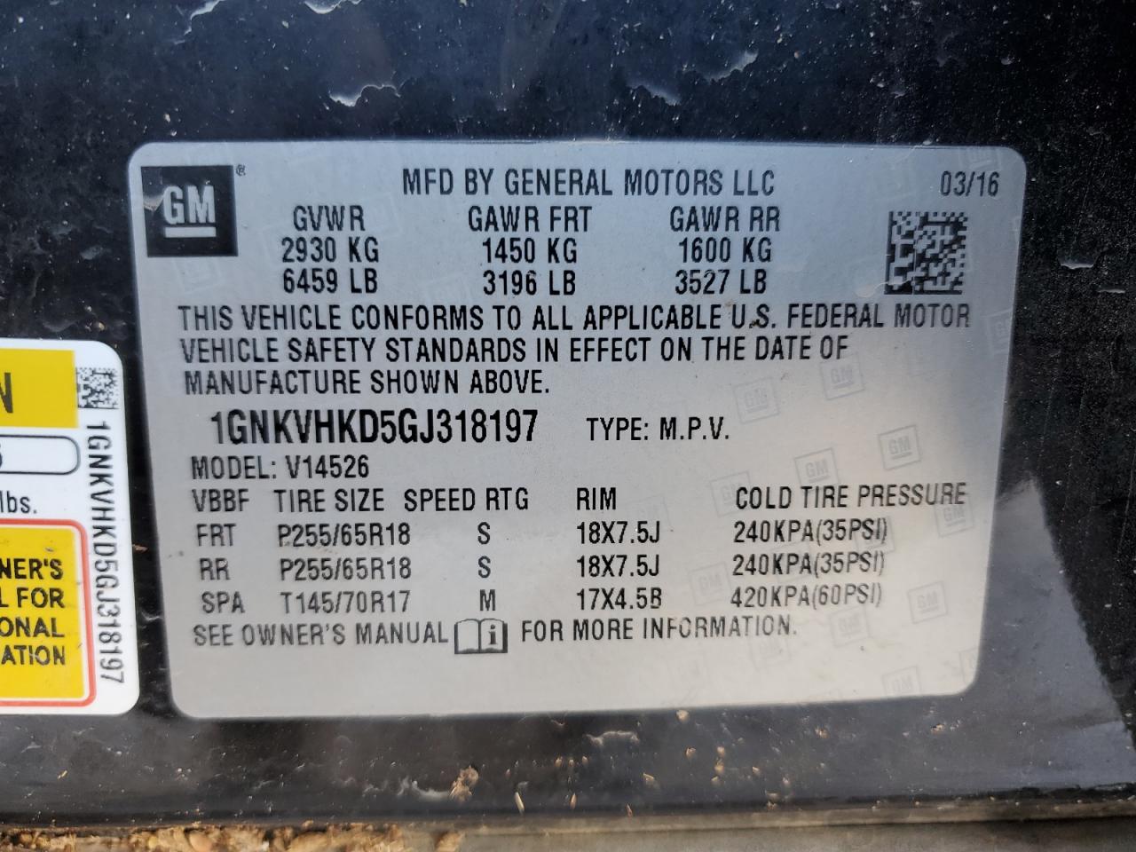 2016 Chevrolet Traverse VIN 1GNKVHKD5GJ318197 Copart auction photo, water/flood damage thumbnail 14