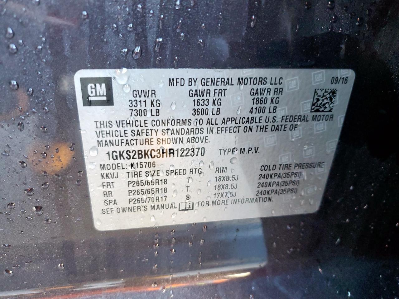2017 GMC Yukon VIN 1GKS2BKC3HR122370 Copart auction photo, side / rear end damage thumbnail 14