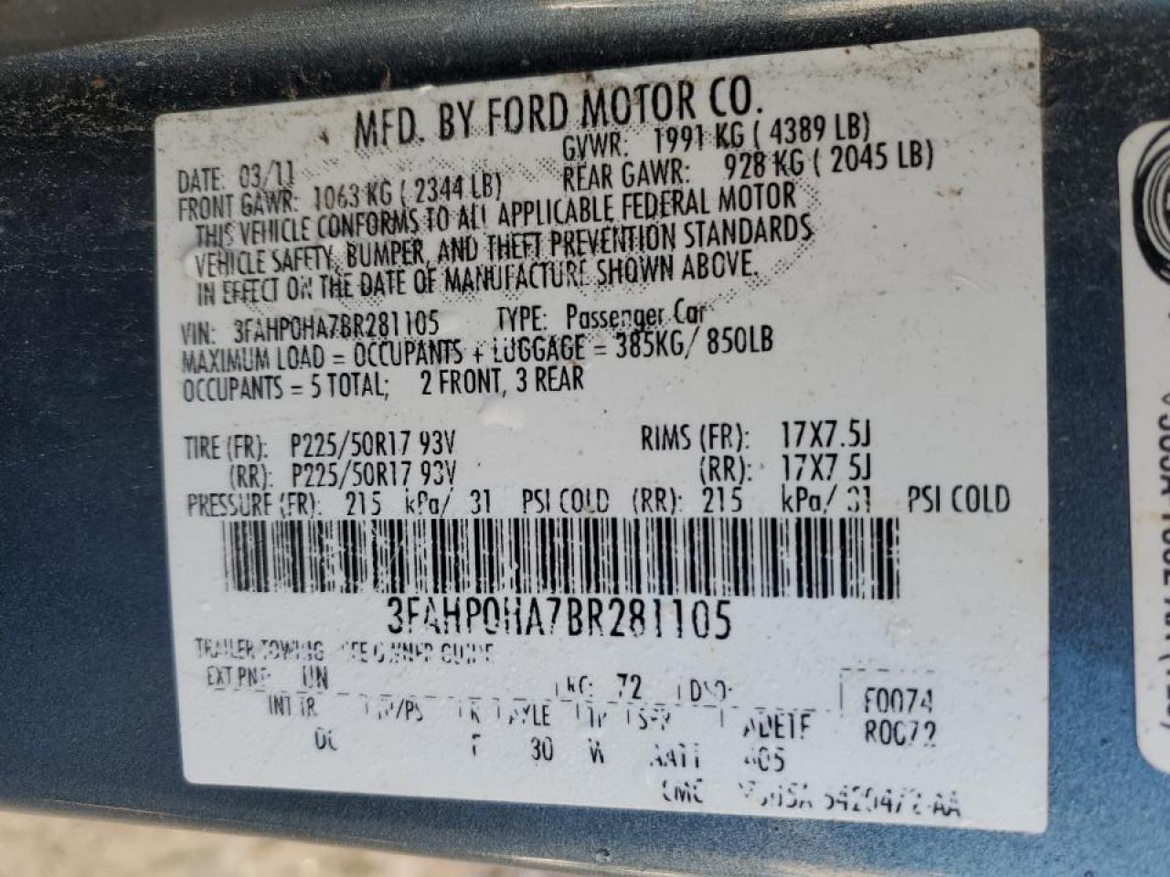 2011 Ford Fusion VIN 3FAHP0HA7BR281105 Copart auction photo, front end / side damage thumbnail 12