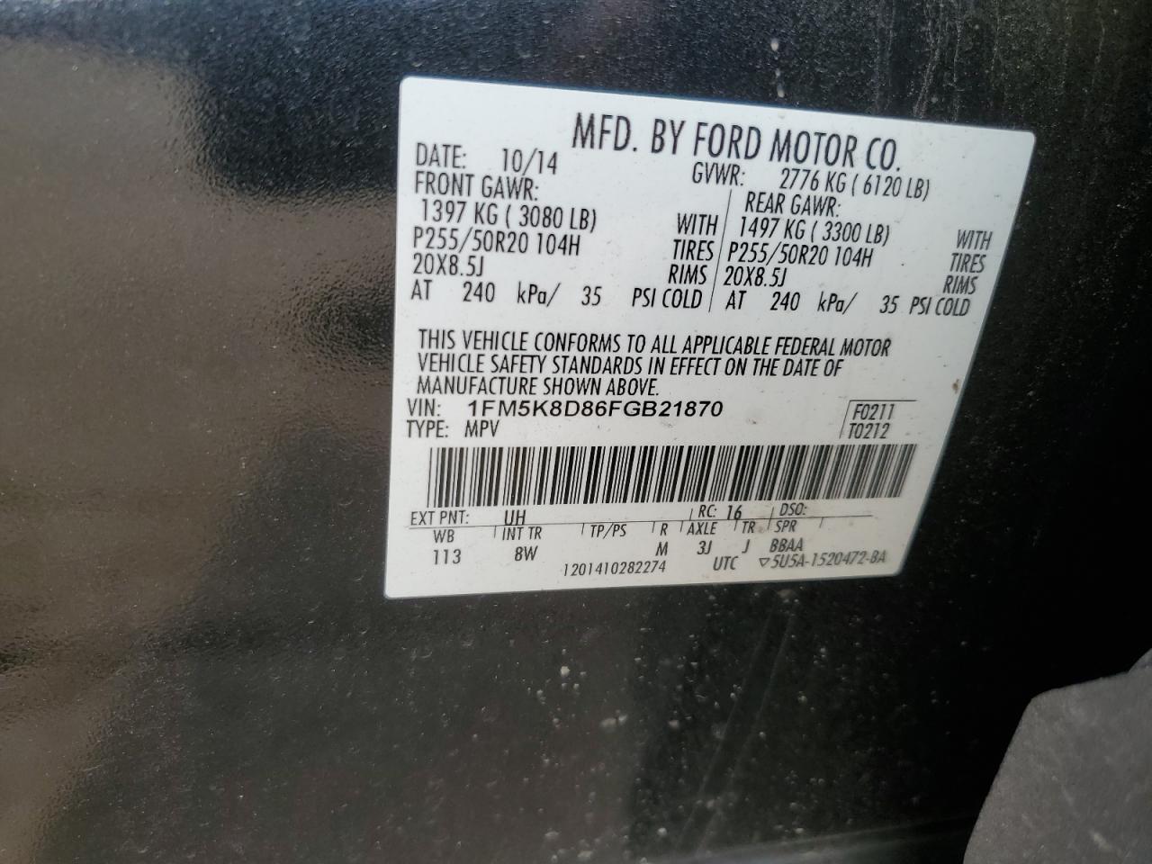 2015 Ford Explorer VIN 1FM5K8D86FGB21870 Copart auction photo, side damage thumbnail 12