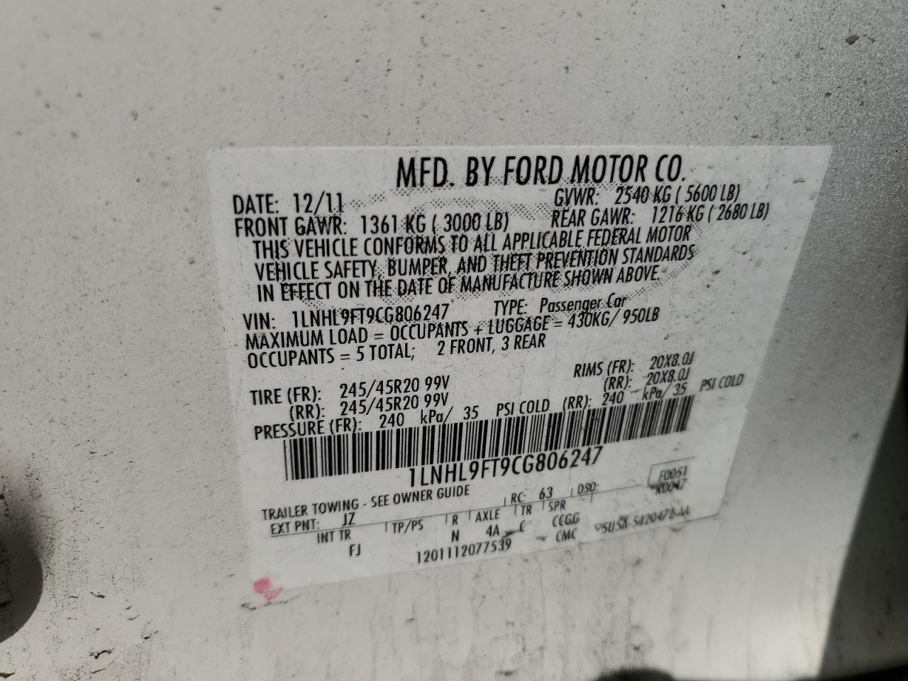 2012 Lincoln MKS VIN 1LNHL9FT9CG806247 Copart auction photo, front end damage thumbnail 14