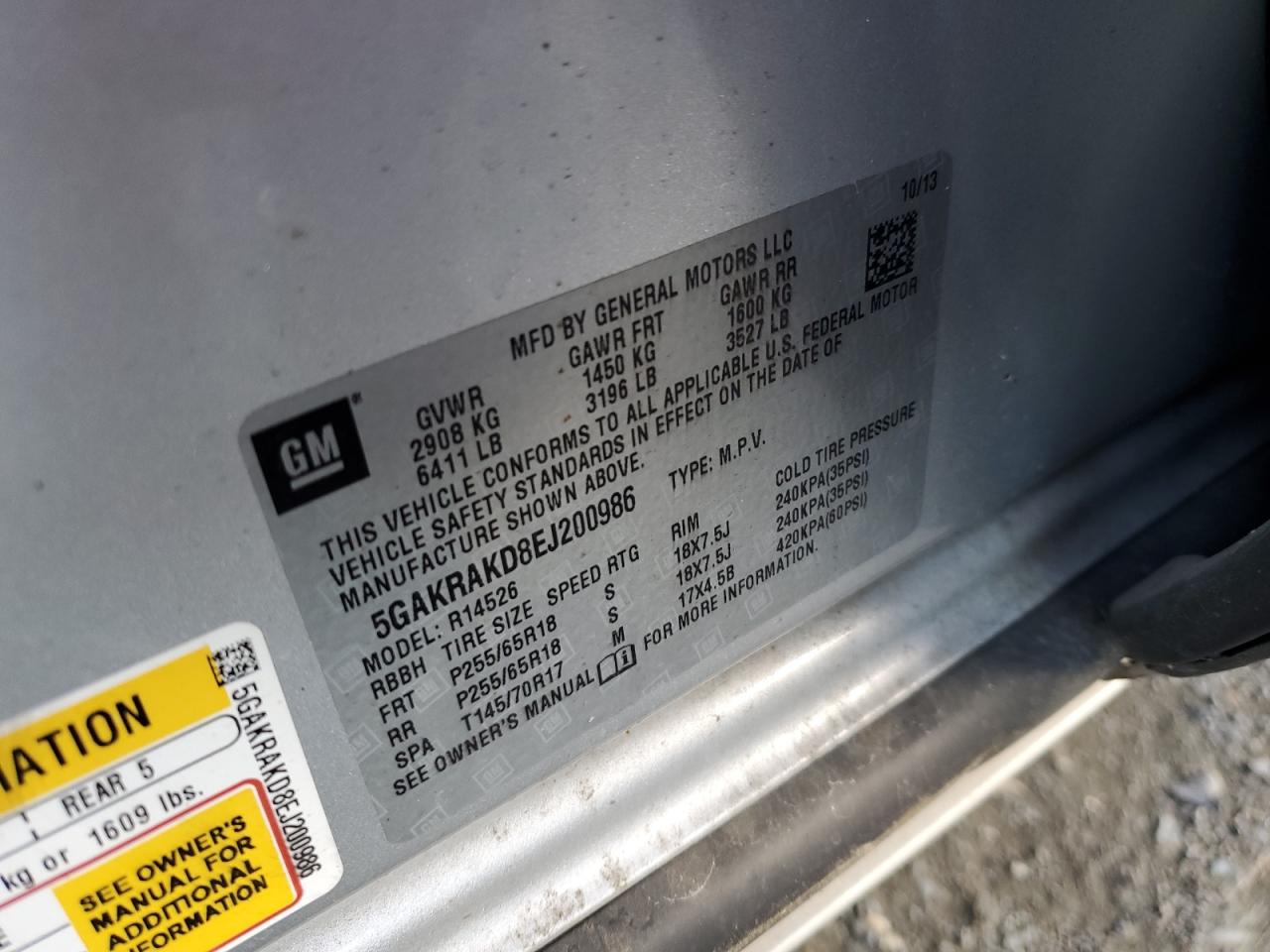 2014 Buick Enclave VIN 5GAKRAKD8EJ200986 Copart auction photo, all over damage thumbnail 13