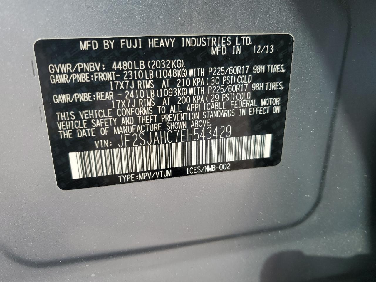 2014 Subaru Forester VIN JF2SJAHC7EH543429 Copart auction photo, front end damage thumbnail 14
