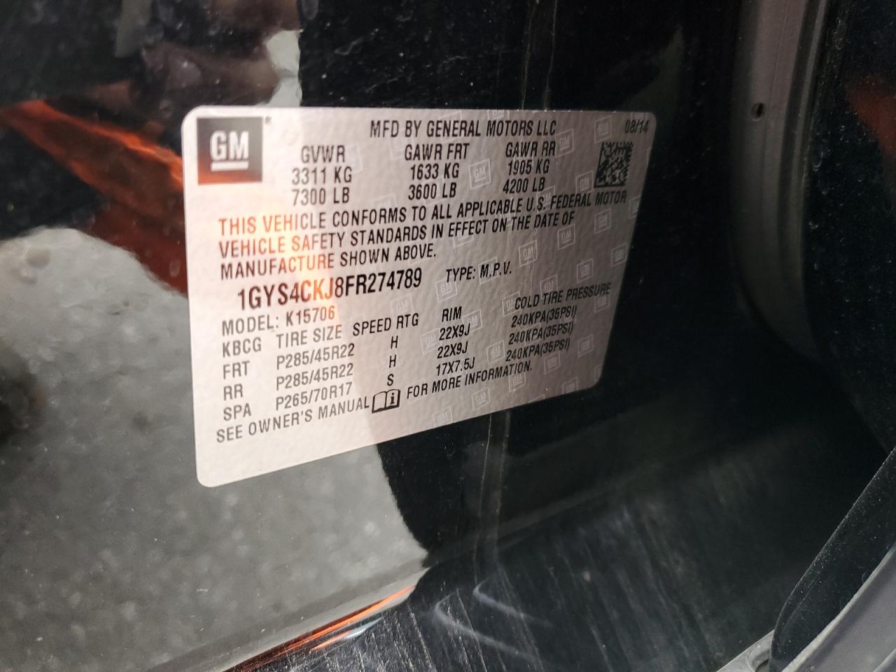 2015 Cadillac Escalade VIN 1GYS4CKJ8FR274789 Copart auction photo, all over / mechanical damage thumbnail 14