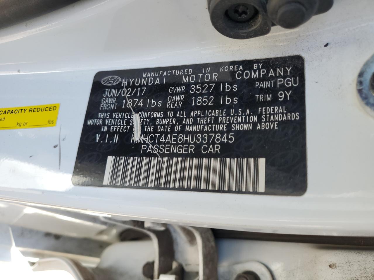 2017 Hyundai Accent VIN KMHCT4AE8HU337845 Copart auction photo, front end damage thumbnail 12