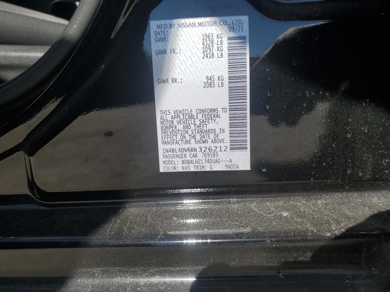 2024 Nissan Altima VIN 1N4BL4DV6RN326212 Copart auction photo, front end damage thumbnail 14