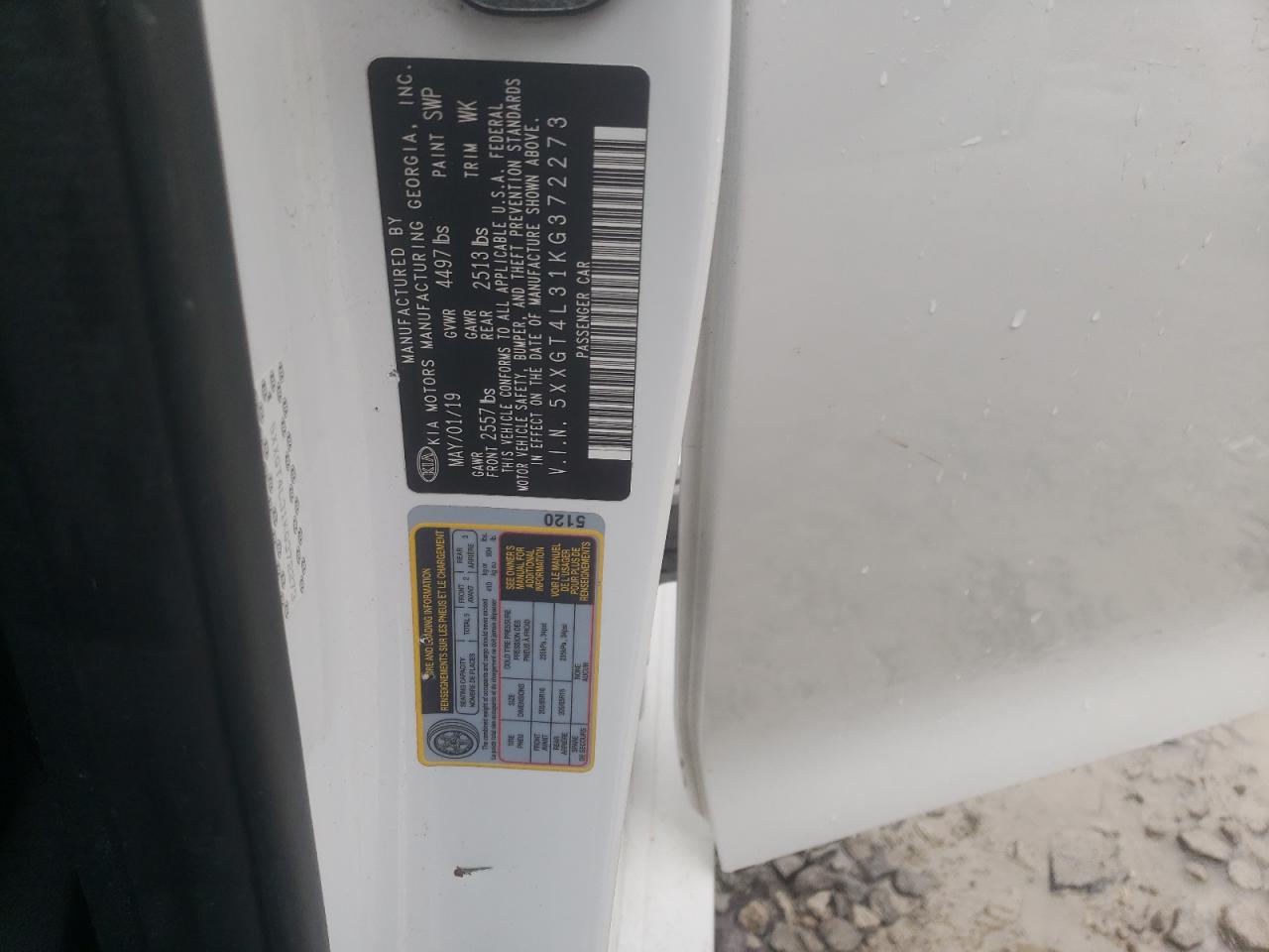 2019 KIA Optima VIN 5XXGT4L31KG372273 Copart auction photo, front end / side damage thumbnail 15