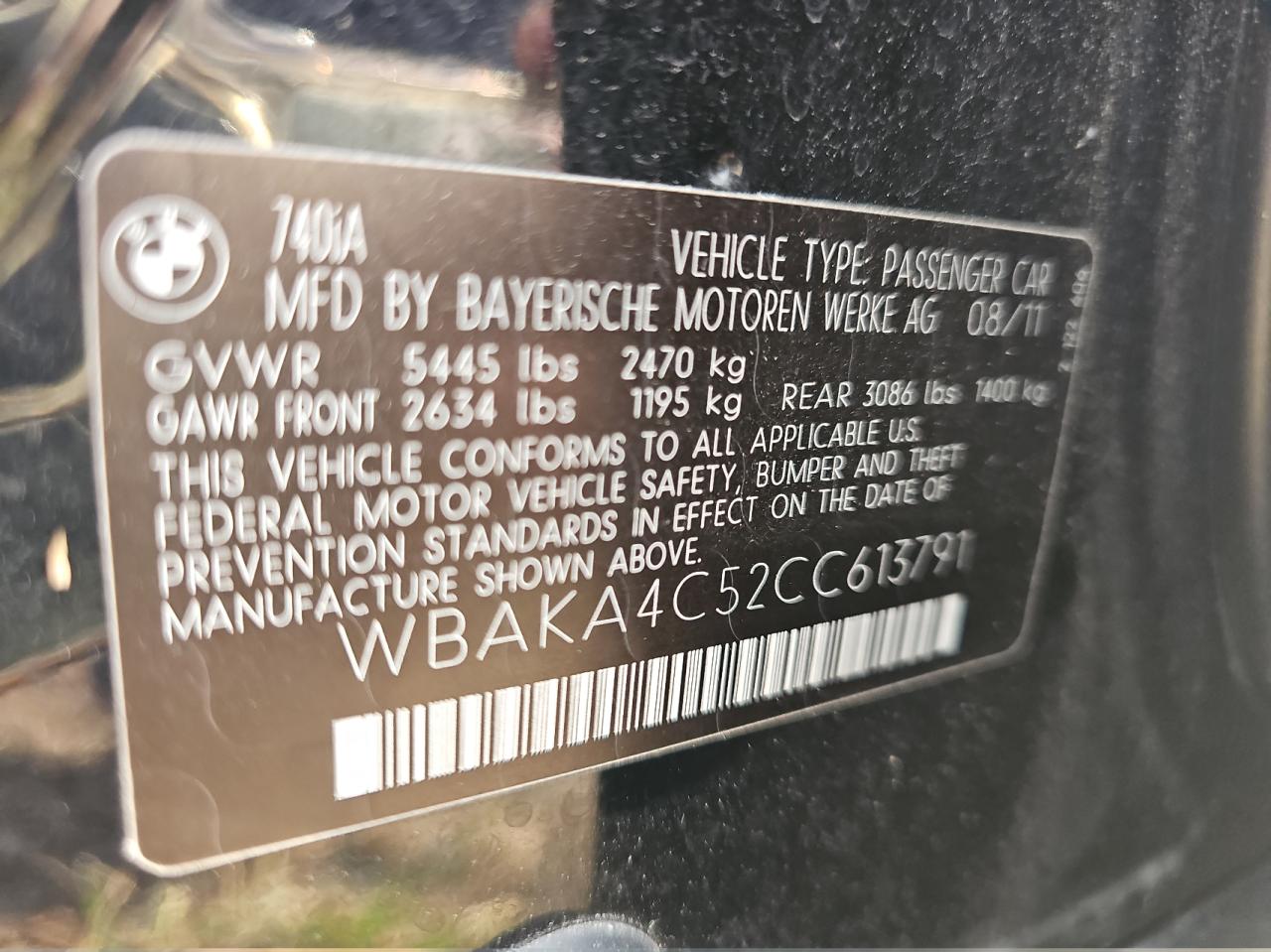 2012 BMW 7er VIN WBAKA4C52CC613791 Copart auction photo, mechanical / normal wear damage thumbnail 10