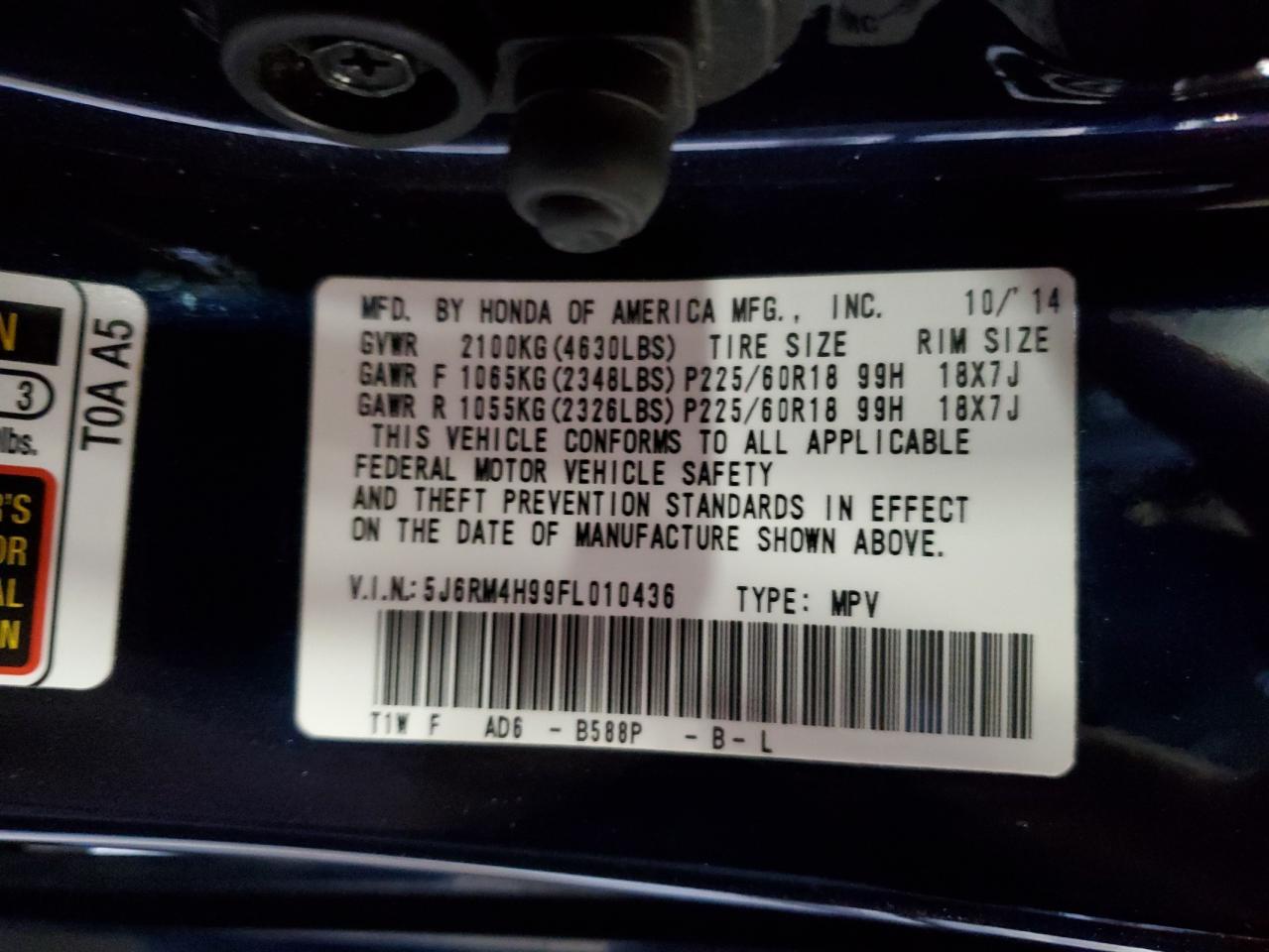 2015 Honda CR-V VIN 5J6RM4H99FL010436 Copart auction photo, all over damage thumbnail 13