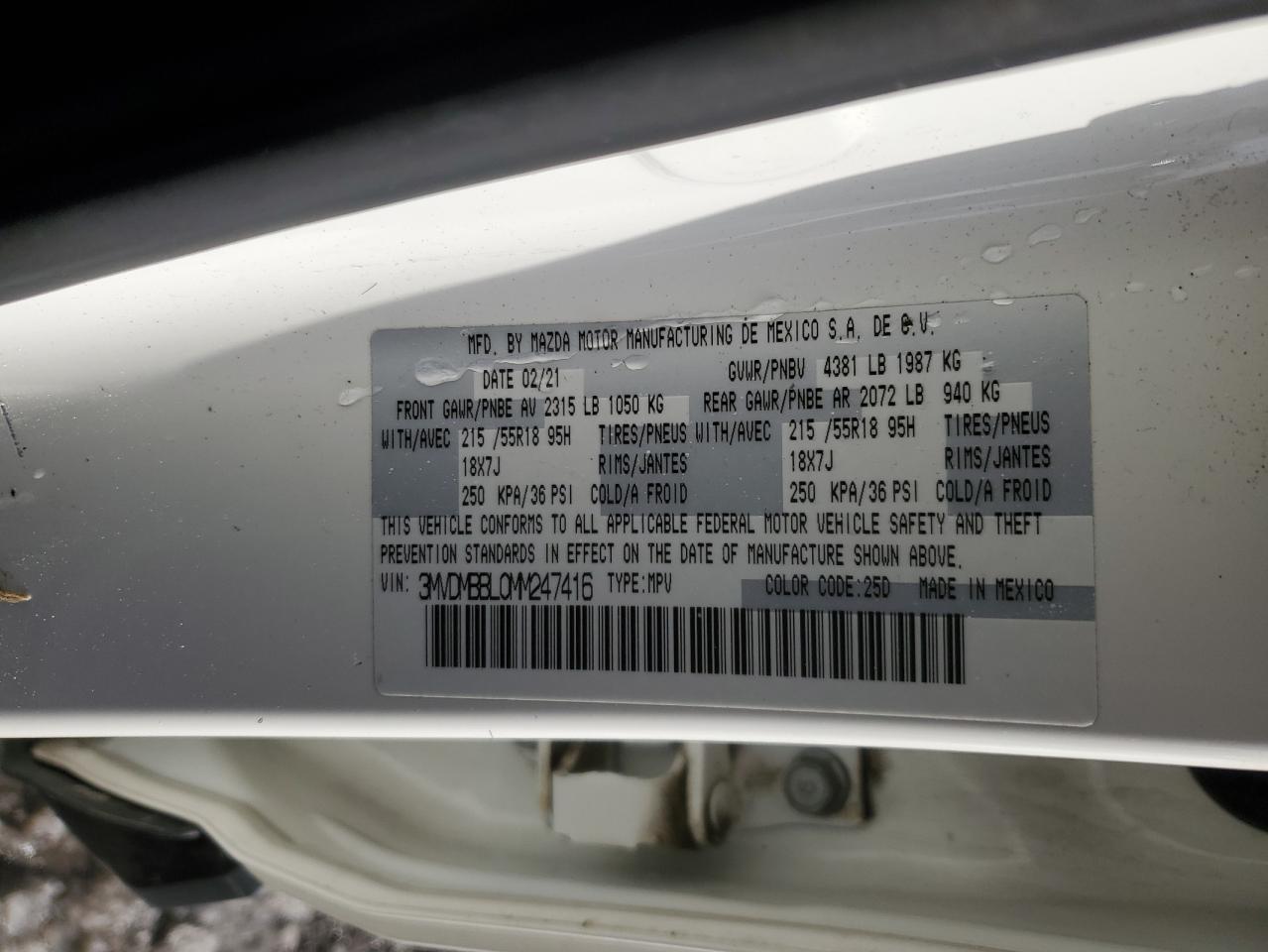 2021 Mazda CX-30 VIN 3MVDMBBL0MM247416 Copart auction photo, front end / side damage thumbnail 14