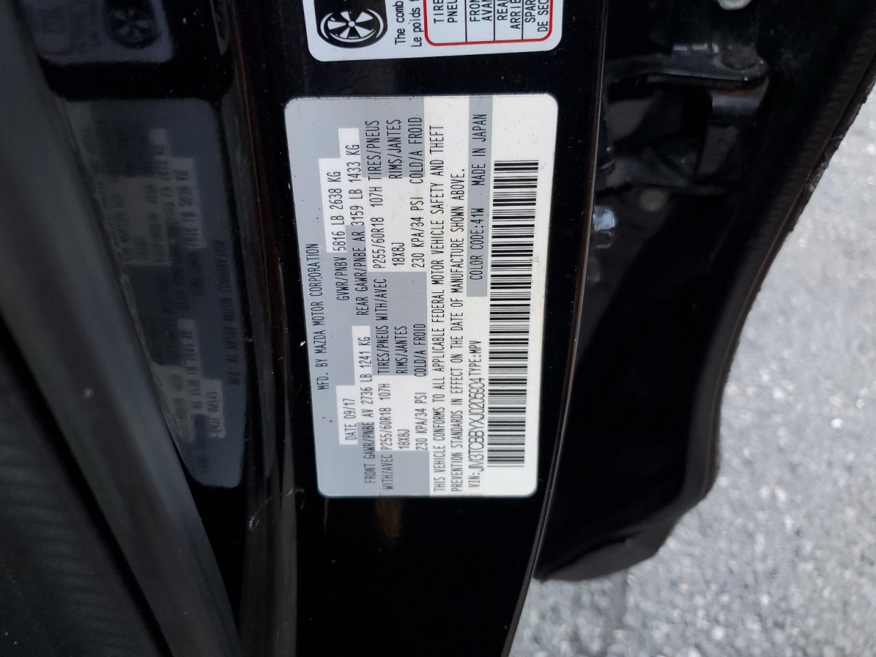 2018 Mazda CX-9 VIN JM3TCBBYXJ0205904 Copart auction photo, front end / top/roof damage thumbnail 13