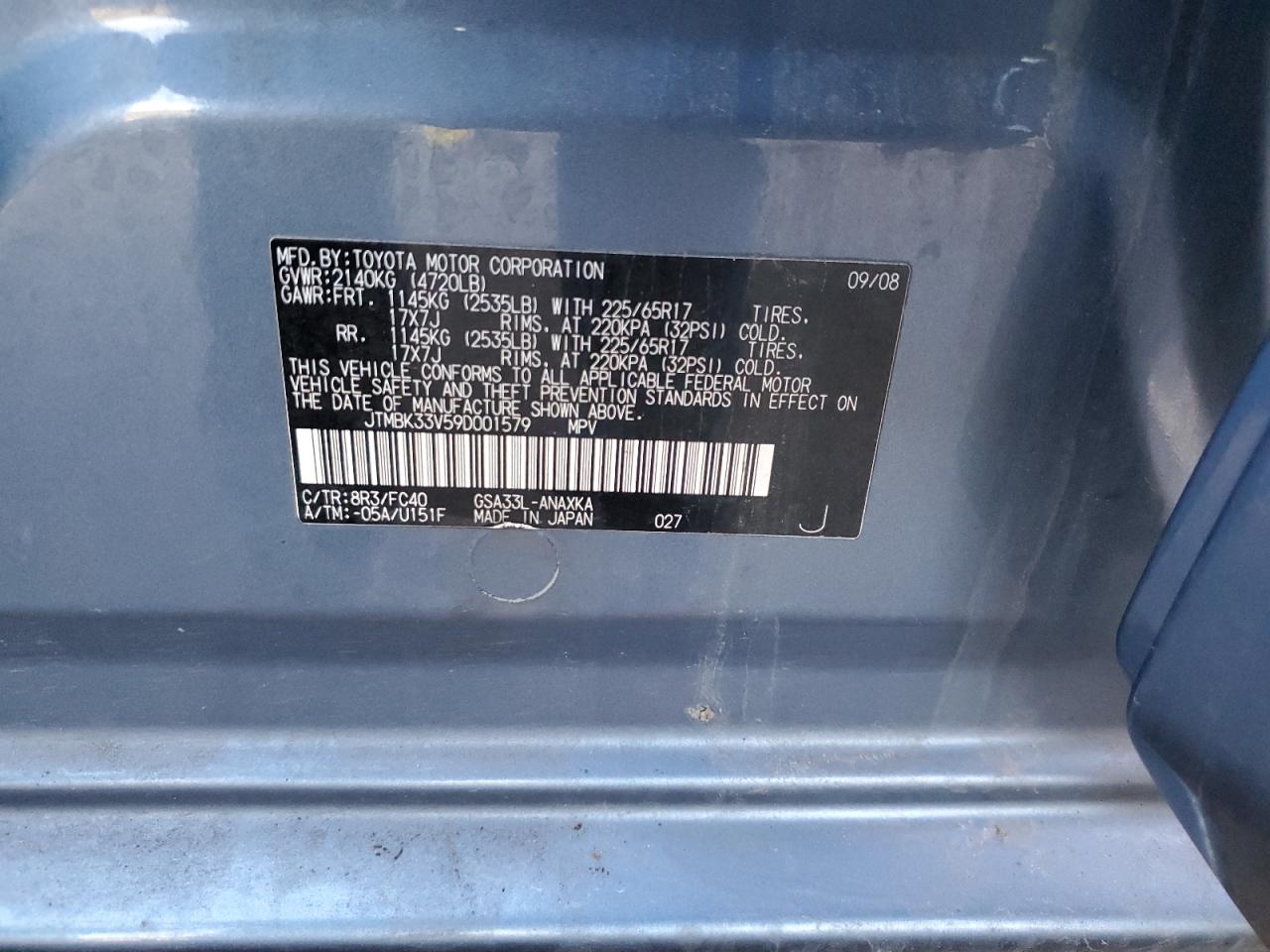 2009 Toyota RAV 4 VIN JTMBK33V59D001579 Copart auction photo, front end damage thumbnail 16