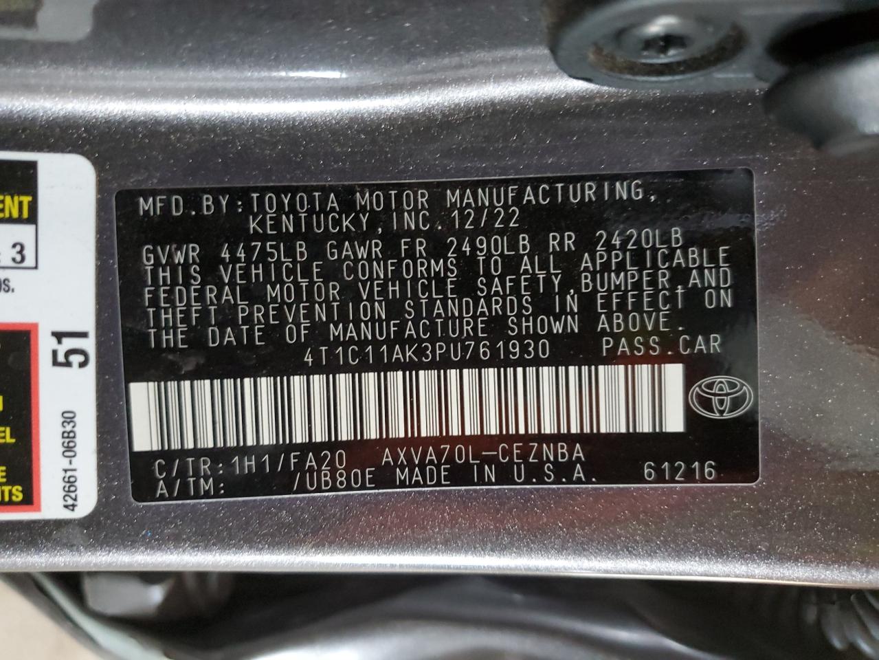 2023 Toyota Camry VIN 4T1C11AK3PU761930 Copart auction photo, side damage thumbnail 12