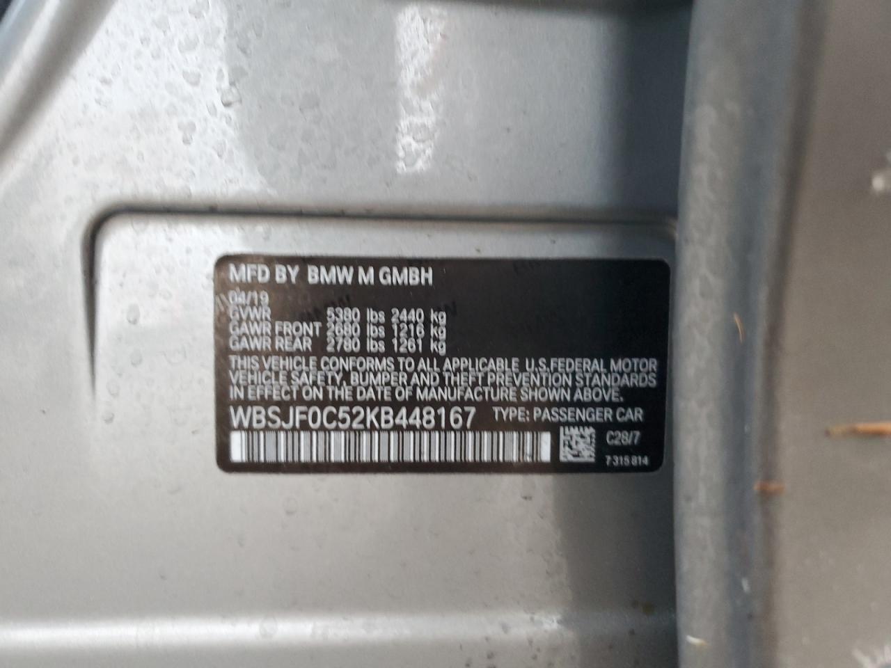 2019 BMW M5 VIN WBSJF0C52KB448167 Copart auction photo, front end damage thumbnail 12
