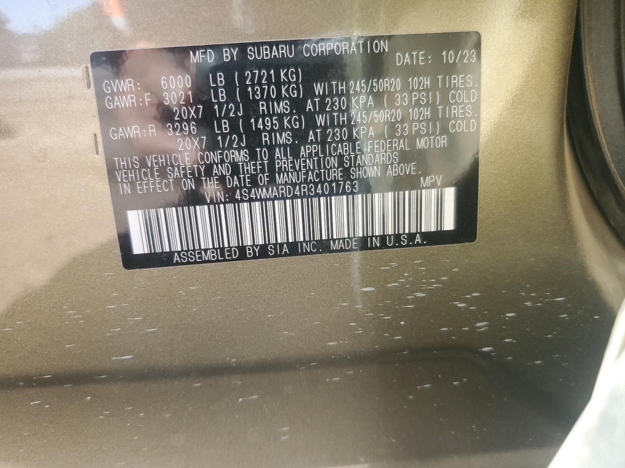 2024 Subaru Ascent VIN 4S4WMARD4R3401763 Copart auction photo, rear end damage thumbnail 14