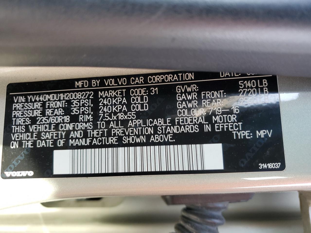 2017 Volvo XC60 VIN YV440MDU1H2008272 Copart auction photo, front end damage thumbnail 14