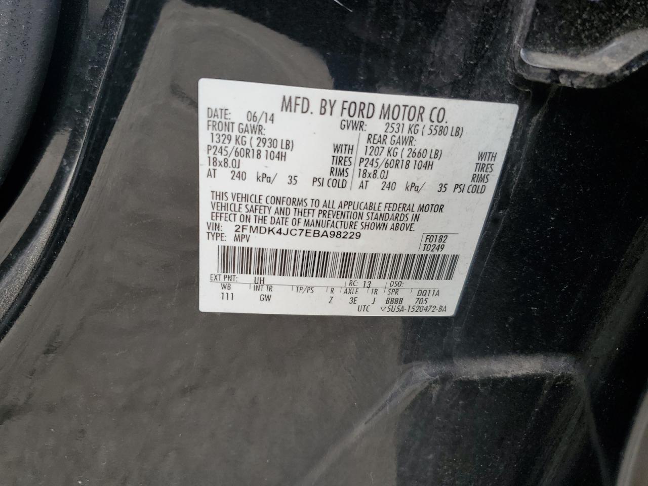 2014 Ford Edge VIN 2FMDK4JC7EBA98229 Copart auction photo, vandalism damage thumbnail 13