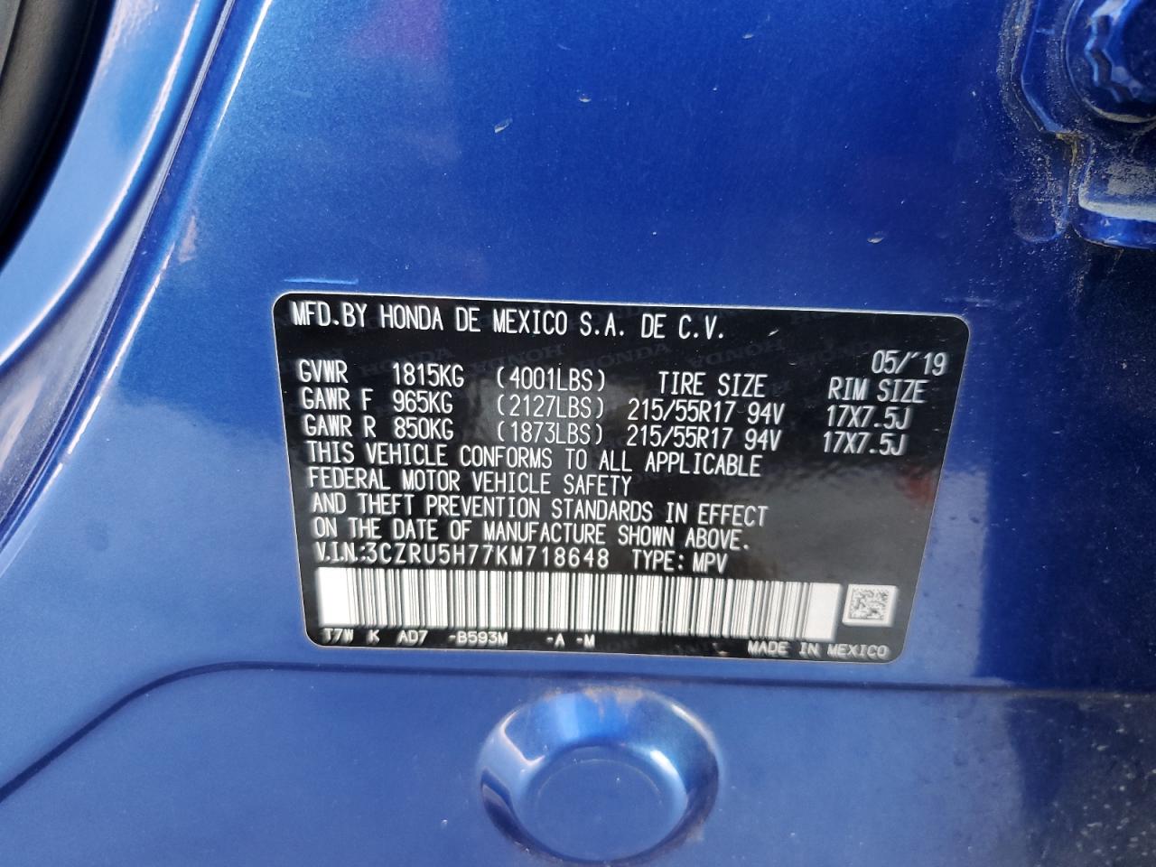 2019 Honda HR-V VIN 3CZRU5H77KM718648 Copart auction photo, front end / minor dent/scratches damage thumbnail 13