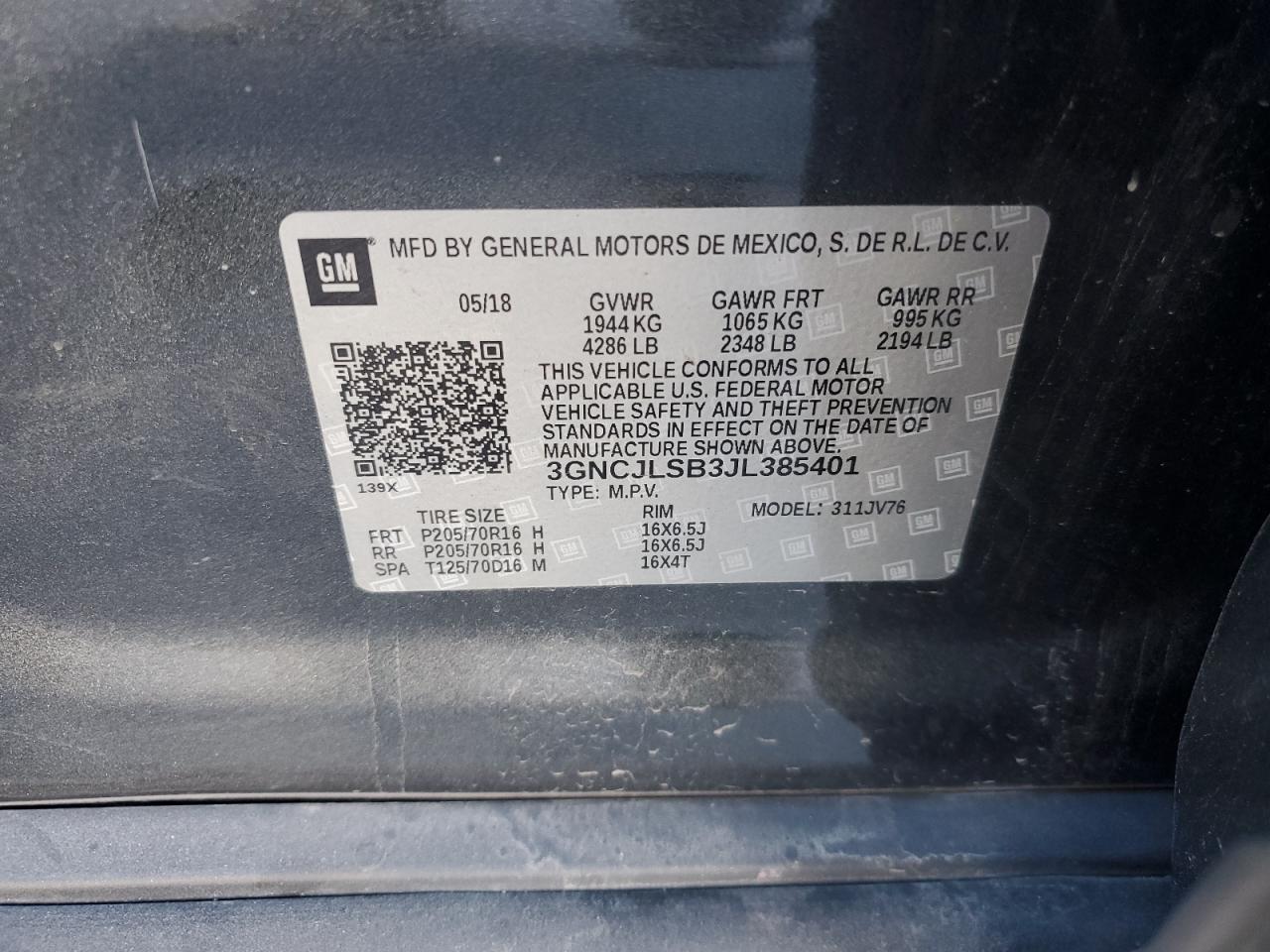 2018 Chevrolet Trax VIN 3GNCJLSB3JL385401 Copart auction photo, rear end damage thumbnail 14