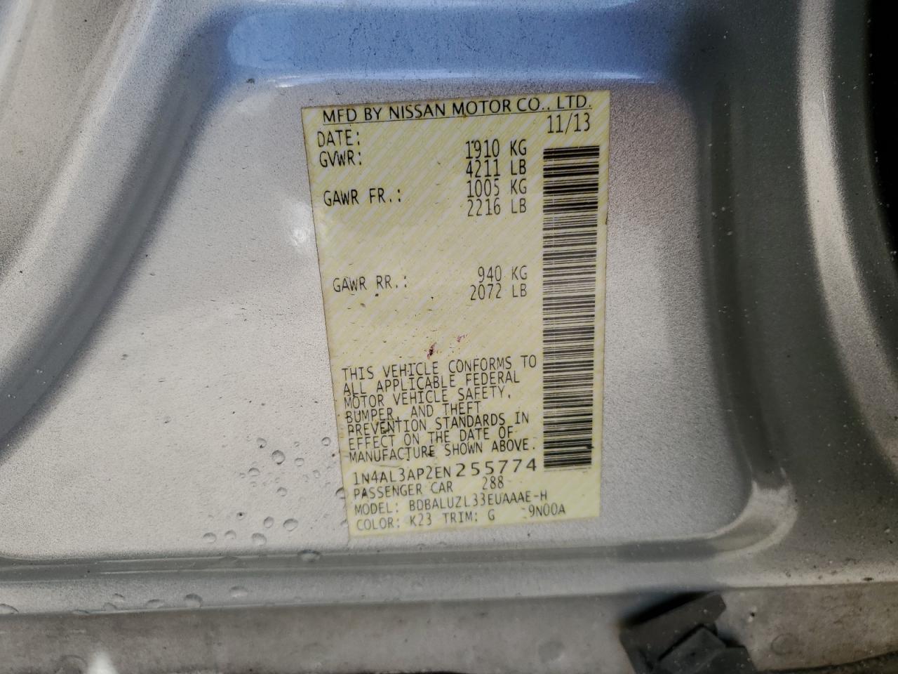 2014 Nissan Altima VIN 1N4AL3AP2EN255774 Copart auction photo, front end / side damage thumbnail 13