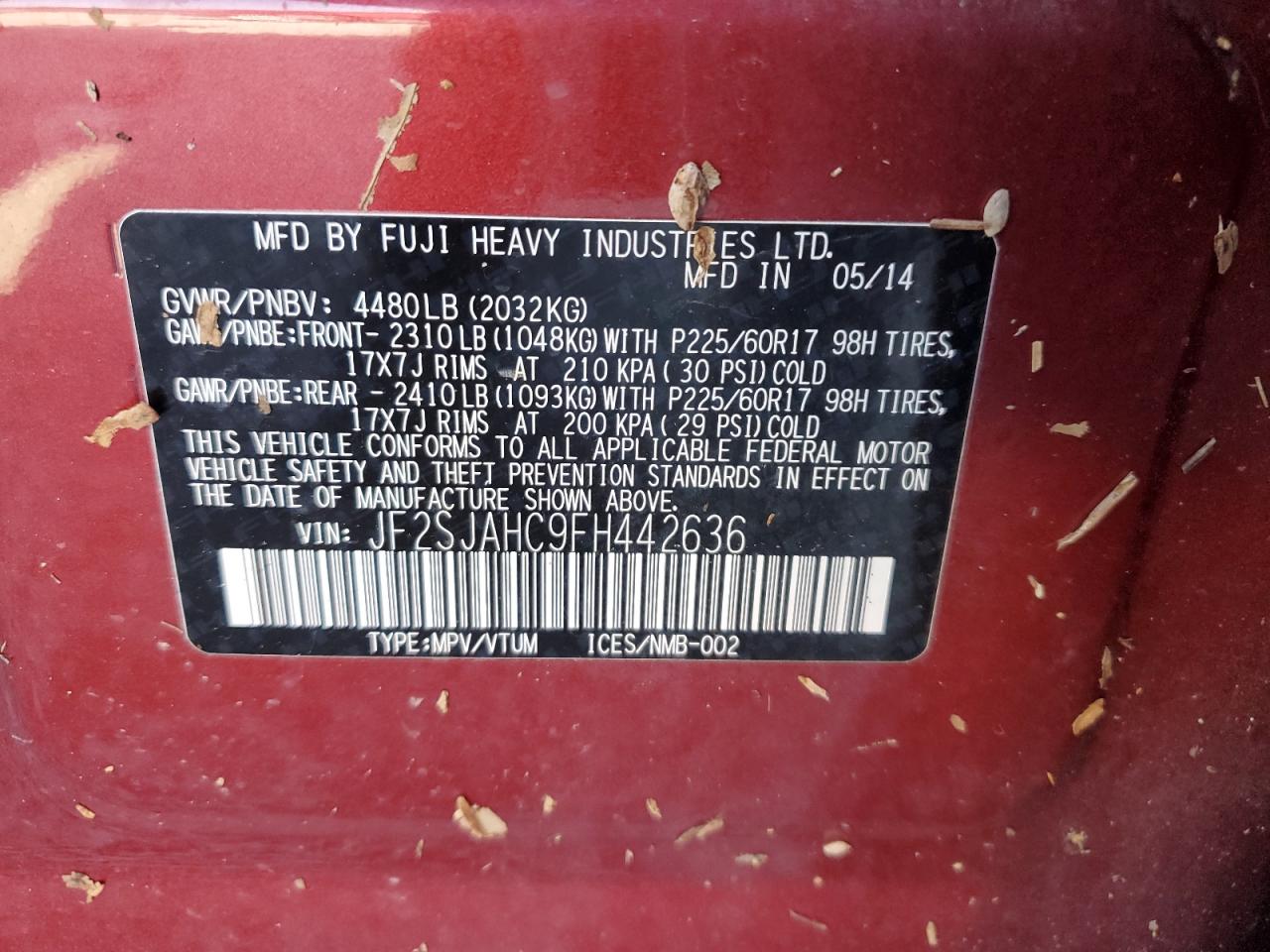 2015 Subaru Forester VIN JF2SJAHC9FH442636 Copart auction photo, water/flood damage thumbnail 12