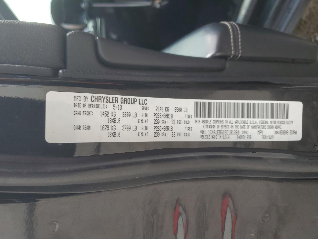 2014 Jeep Grand Cherokee VIN 1C4RJEBG1EC191364 Copart auction photo, front end damage thumbnail 13