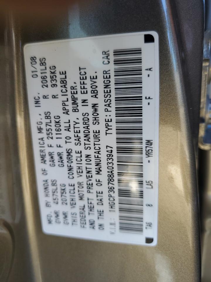 2008 Honda Accord VIN 1HGCP36788A033947 Copart auction photo, water/flood / all over damage thumbnail 13